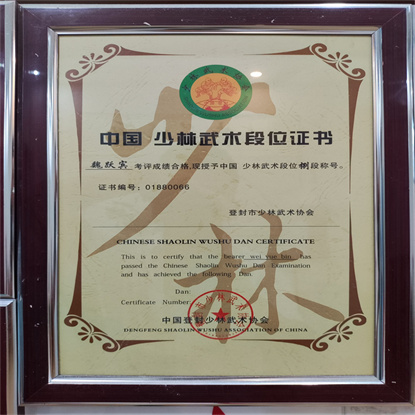 中国少林武术段位证书